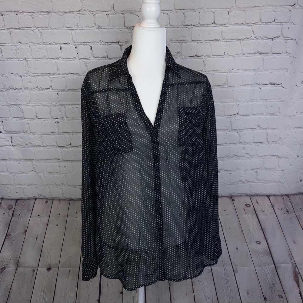 NY & Co Sheer Black Polka Dot Button Down Blouse